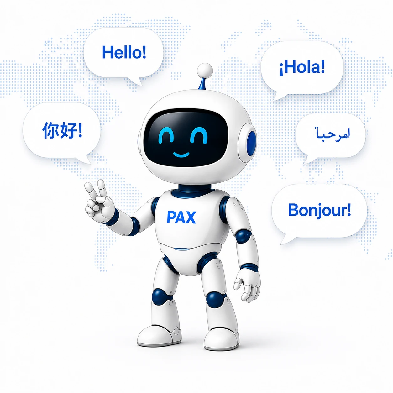 Pax greeting inventors in English, Chinese, Spanish, Arabic and French